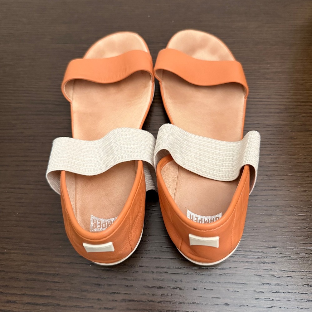 Camper Right Nina Orange Leather Elastic Strap Flat Sandals Womens Resort/37 - Picture 2 of 5